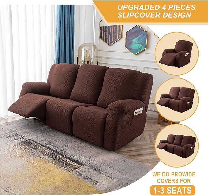 Genina Recliner Cover Stretch Couch Covers, Sofa slipcover for Reclining Couch Thick Jacquard Furniture Protector Washable (Chocolate, 3 Seat)