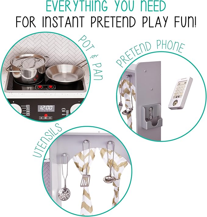 Lil' Jumbl Kids Corner Kitchen Set, Pretend Wooden Deluxe Play Kitchen, Battery Operated Icemaker, Stovetop & Faucet with Realistic Sound - Grey