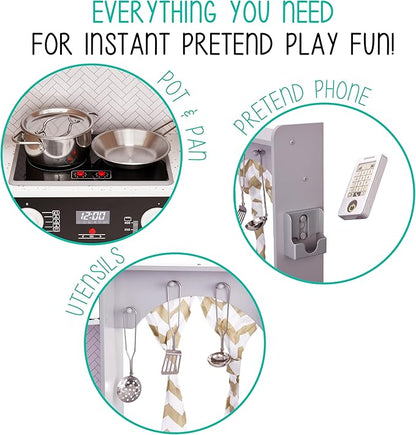 Lil' Jumbl Kids Corner Kitchen Set, Pretend Wooden Deluxe Play Kitchen, Battery Operated Icemaker, Stovetop & Faucet with Realistic Sound - Grey