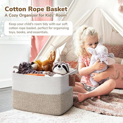 Goodpick Woven Storage Baskets for Organizing, Blanket Basket Living Room, Rope Baskets for Storage, Rectangle Toy Basket With Handles, Brown and White, 18 x 14 x 12 Inches