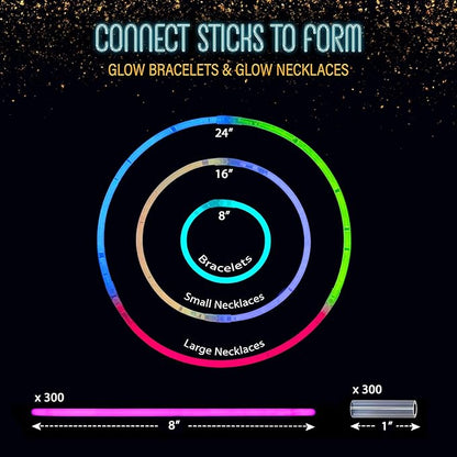 GemPrime 300 Pack Super Bright Glow Sticks Bulk Glow in the Dark Party Supplies - Assorted Colors for Party Favors, Long Lasting Neon Party Decorations with Connectors for Bracelets and Necklaces