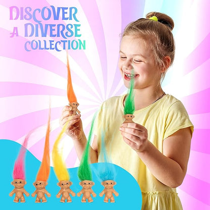 10 PCS Long-haired Lucky Mini Troll Dolls, Assorted Hair Colors, 0.78" Bodies, 2" Hair. Cake Toppers, Action Figures, School Project, Arts and Crafts, Party Favors