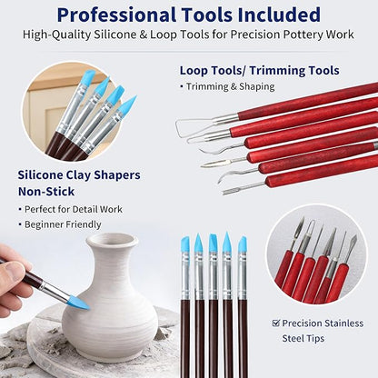 KMSUPERB Pottery Tools Kit with Batmate, 27PCS Clay Sculpting Tools Set, 12" Anti-Slip Pottery Wheel Bat Mat for Ceramics, Polymer Clay, Shaping, Trimming & Carving