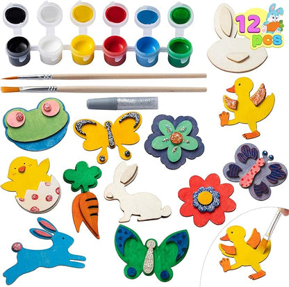 12 Pcs Easter Wooden Magnets Painting Craft Kits, Wooden Magnet Creativity Arts & Crafts Painting Kit for Kids, Decorate Your Own Painting Gift, Easter Crafts & Basket Stuffers, Easter Party Favors