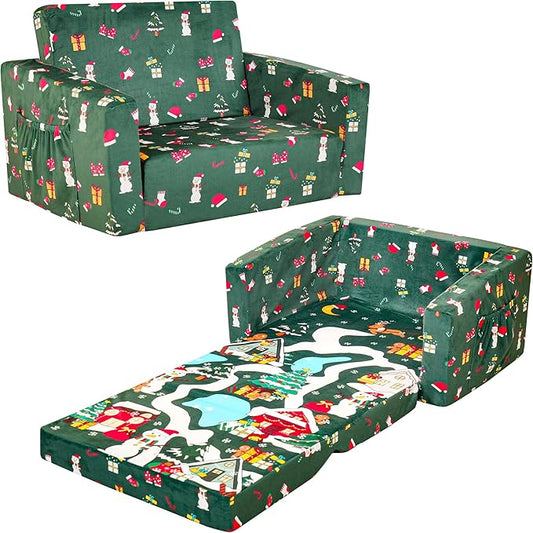 MallBest 2-in-1 Kids Christmas Sofa, Comfy Toddler Couch Bed, Baby's Upholstered Chair Sleepover Kid Couch Flipout Open Recliner for Bedroom