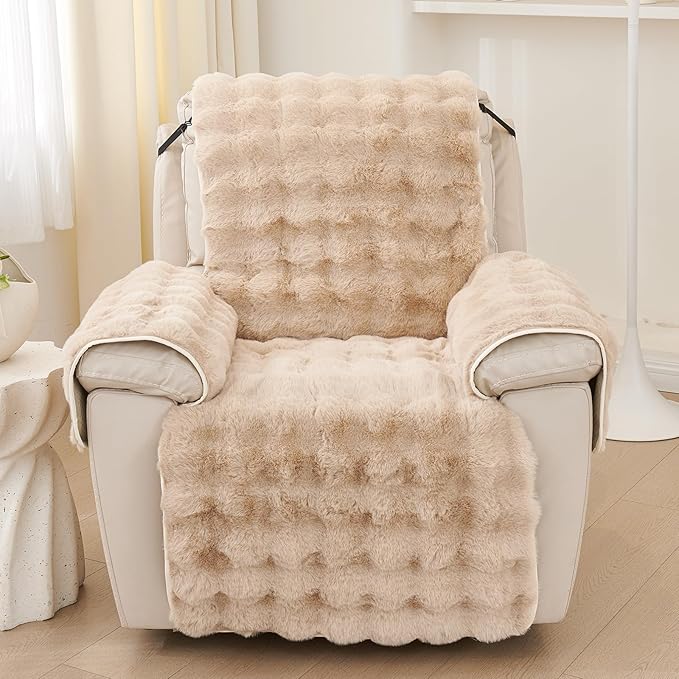vctops Faux Fur Fluffy Recliner Chair Slipcover Faux Rabbit Fur Non Slip Sofa Cover Super Soft Plush Thick Couch Cover Furniture Protector with Elastic Straps for Kids, Dogs, Pets(Khaki,24")