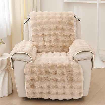 vctops Faux Fur Fluffy Recliner Chair Slipcover Faux Rabbit Fur Non Slip Sofa Cover Super Soft Plush Thick Couch Cover Furniture Protector with Elastic Straps for Kids, Dogs, Pets(Khaki,24")