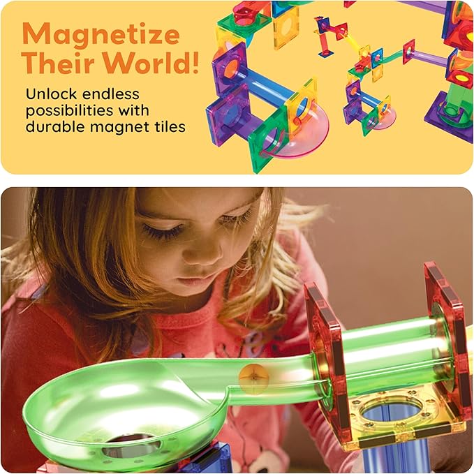 PicassoTiles 108pc 3-in-1 Marble Run Car Race Track Combo Magnetic Tiles PicassoToys Magnet Building Block Educational Construction Toy Playset STEM STEAM Learning Kit Child Brain Development PTG108