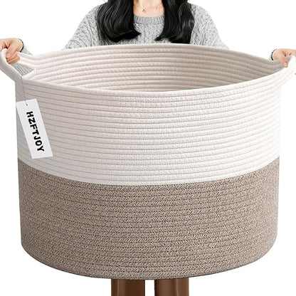 90L Extra Large Blanket Basket,Rope Woven Storage Basket with Handles, Laundry Hamper for Toys, Clothes, Pillows & Towels, Perfect for Living Room, Nursery & Bedroom, White & Brown