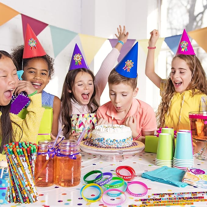 Kolewo4ever 400 Pieces Happy Birthday Gifts for Student 100 Happy Birthday Rubber Bracelets,100 Pencils,200 Happy Birthday Badge Stickers for Teachers Classrooms Reward Birthday Party Favors