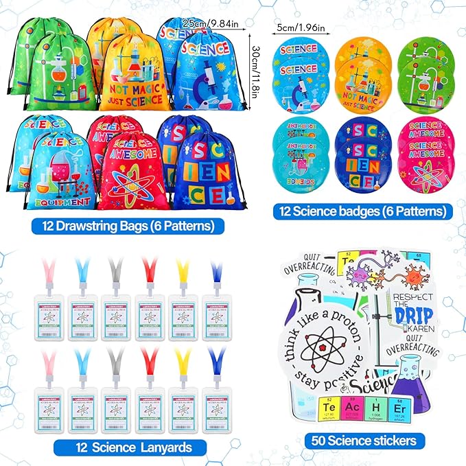 Zhanmai 140 Pcs Science Party Favors Include 12 Keychain 18 Mini Notebooks 50 Science Stickers 12 Bracelets 12 Science Name Badge 12 Drawstring Bags 12 Bendable Pencils 12 Button Pins for Kids Party