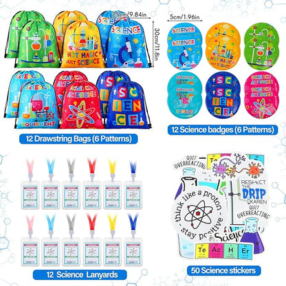 Zhanmai 140 Pcs Science Party Favors Include 12 Keychain 18 Mini Notebooks 50 Science Stickers 12 Bracelets 12 Science Name Badge 12 Drawstring Bags 12 Bendable Pencils 12 Button Pins for Kids Party