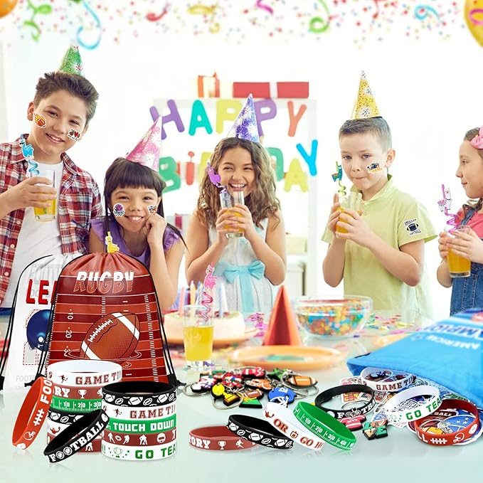 110 Pcs Football Party Favors Drawstring Backpack with Keychains Silicone Bracelets Stickers for Sports Birthday Supplies Goodie Bags Football Themed Presents