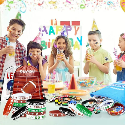 110 Pcs Football Party Favors Drawstring Backpack with Keychains Silicone Bracelets Stickers for Sports Birthday Supplies Goodie Bags Football Themed Presents