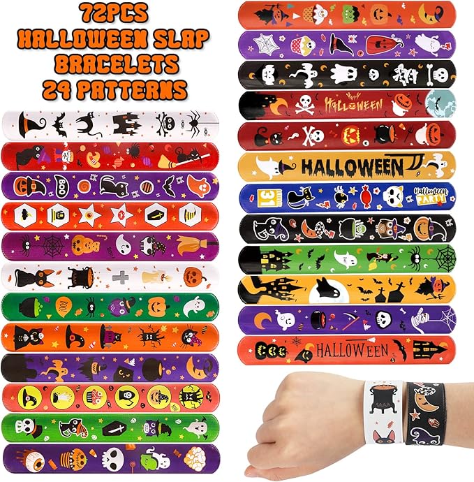 MGparty 72PCS Halloween Slap Bracelets 24 Halloween Theme Designs Spider Pumpkin Ghost Zombie Bat Witches Snap Bracelet for Kids Party Favors Toys Prizes Pinata Goodie Bags Fillers