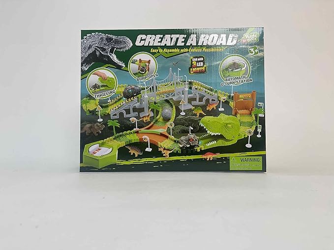 174 PCS Flexible Dinosaur Train Tracks and Race Cars Playset with 8 Dinosaurs Figures, Electric Vehicles, Lights - Create Road Racing World for Toddlers and Kids