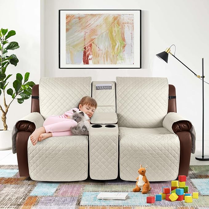 KinCam 100% Waterproof Loveseat Recliner Cover with Console, Non-Slip Reclining Couch Covers for 2 Seat, Recliner Couch Cover Furniture Protector with Elastic Straps for Kids, Pets, Ivory