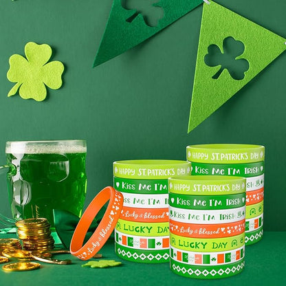Morcheiong 42 Pieces St. Patrick's Day Shamrock Rubber Bracelets Classic Silicone Wristbands for Kids Adults Green Irish Day Party Supplies