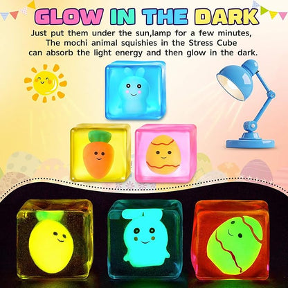 Easter Basket Stuffers - Glow in The Dark Easter Egg Fillers Squishy Bunny Stress Cube Easter Gifts for Kids Adults Fidget Toys Stress Balls for Kids with Autism Easter Basket Essentials for Teens