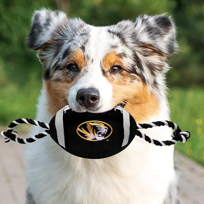 Pets First NCAA Missouri Tigers Nylon Football Dog Toy Tough Quality Nylon Materials, Strong Pull Ropes, Inner Squeaker, Collegiate Team Color