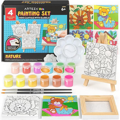 Arteza Kids Nature Painting Kit, 4 Canvases 3 x 3 Inches, 4 Easels, 12 Acrylic Paints, 2 Paint Brushes, 1 Palette, Kids Activities for Ages 6 and Up