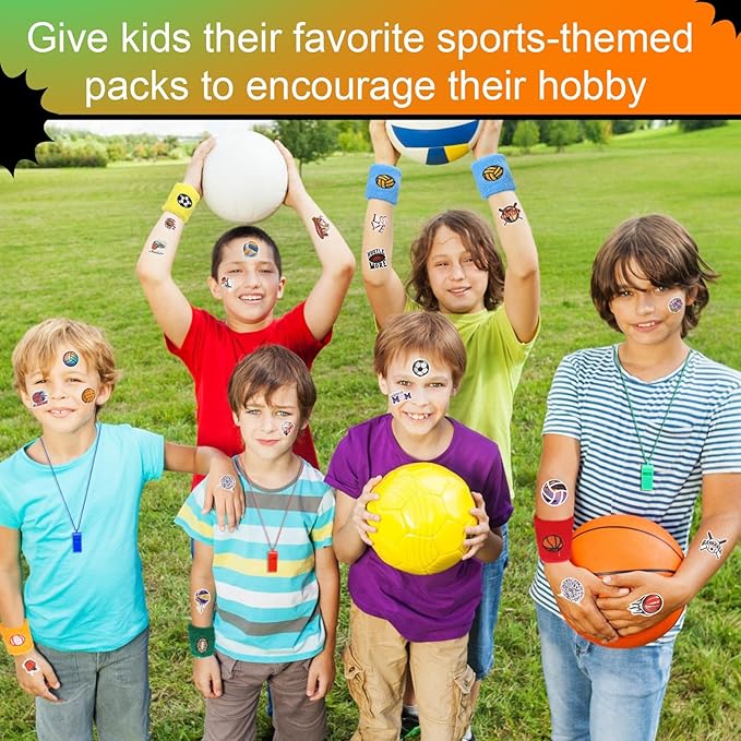 Junkin 176 Pcs Sport Party Favors Sport Party Goodie Bag Fillers Small Sports Balls Sport Wristband Keychains Stickers Bracelet Whistle for Sports Themed Birthday Party Supplies Decoration (Classic)