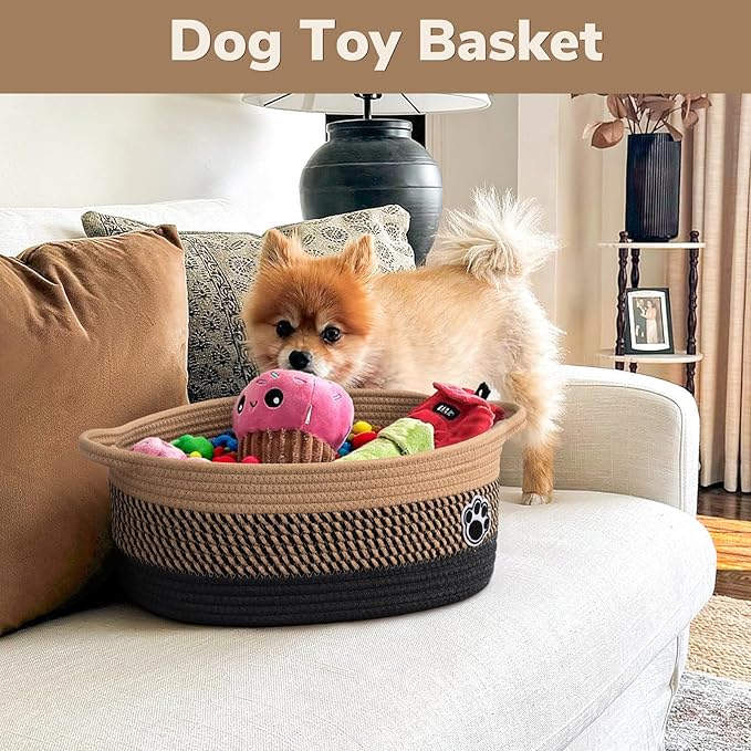 Dog Toy Basket, Woven Storage Baskets for Dog Cat Organizer, Baby Boy Shower Gifts Basket for Bathroom, Nursery Toy Baskets Storage Kids, 13.6"x 10" x 6", Black & Brown