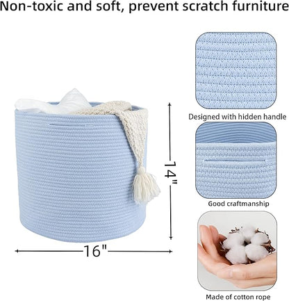 XUANGUO Cotton Rope Basket For Girls Boys Kids 16”X14” Baby Laundry Baskets Nursery Bin Round Woven Basket For Storage Toys Blankets Shoes Clothes blue