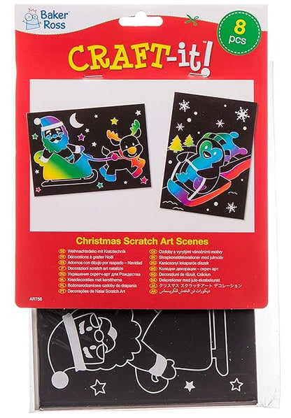 Baker Ross AR756 Scratch Art Pictures - Pack of 8, Scratch Art Paper and Scratch Art for Kids, Great for Kids Arts and Crafts, Christmas Gifts and Children’s Party Bag Fillers