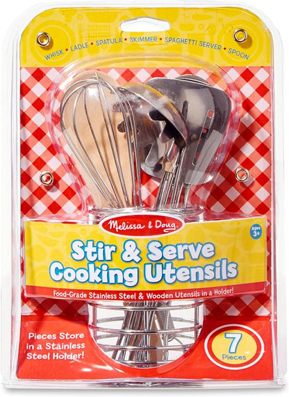 Melissa & Doug Stir and Serve Cooking Utensils (7 pcs) - Stainless Steel and Wood