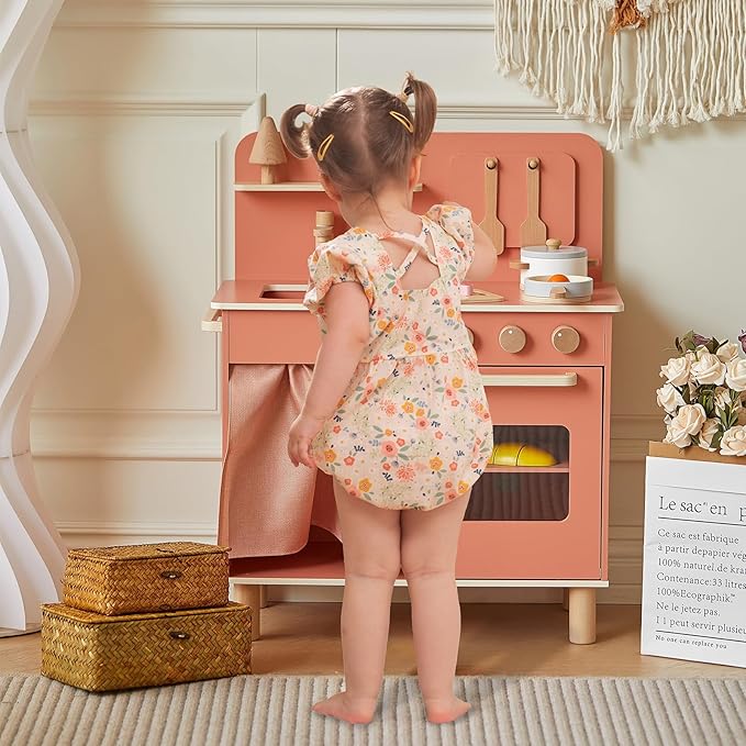 Giant bean Wooden Play Kitchen, Nordic Play Kitchen for Toddlers 1-3, with Cookware Accessories, Pretend Cooking Food Set for Toddlers Boys & Girls