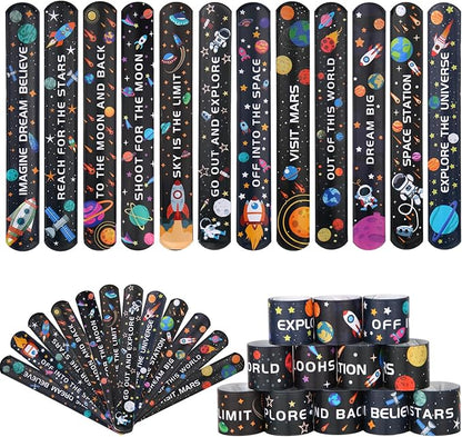 144 Pieces Space Slap Bracelets Astronaut Planet Rocket Space Ship Wristbands Bracelets Fun Words Printed Slap Bracelets Wristband for Party Favor Gifts School Classroom Prize Exchange,12 Styles