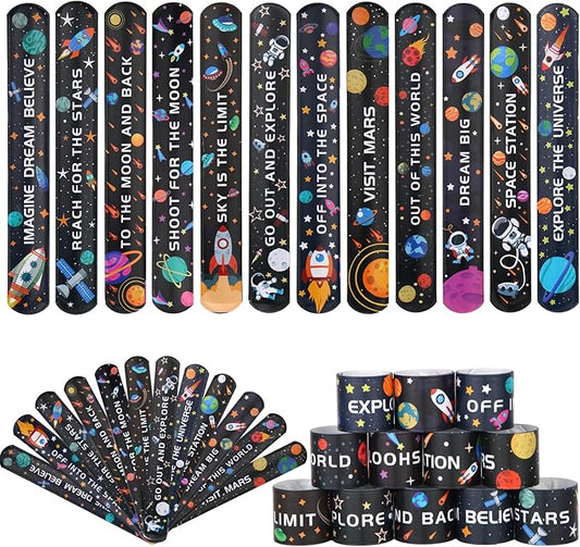 144 Pieces Space Slap Bracelets Astronaut Planet Rocket Space Ship Wristbands Bracelets Fun Words Printed Slap Bracelets Wristband for Party Favor Gifts School Classroom Prize Exchange,12 Styles