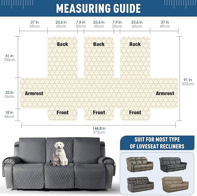 TAOCOCO 100% Waterproof Recliner Sofa Cover-Non Slip Split Couch Covers for Reclining Couches with Elastic Straps,Couch Covers for 3 Cushion Couch Sofa Pet Friendly(Dark Gray, 3 Seater)