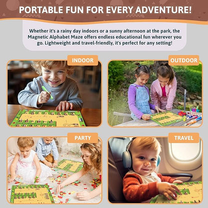 Magnetic Alphabet Maze Board - Portable & Educational Wooden Letter Puzzle Game, Interactive Fun for Toddlers Ages 3 4 5 6, Montessori Car Toys for Kids, Fine Motor Skills, Boys & Girls, Birthday Gift