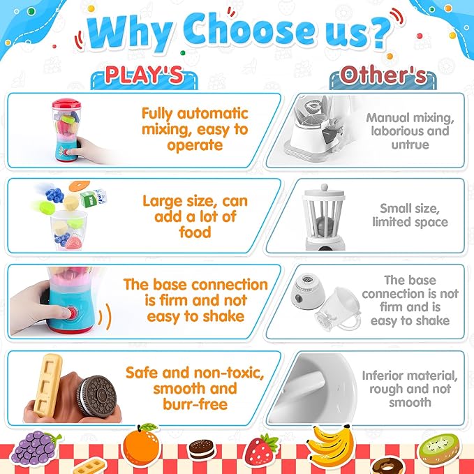 PLAY Smoothie Maker Toy Blender Set - 27 Pcs Pretend Play Kitchen Appliance for Kids with Realistic Action, Light and Sound, Play Toy Food Fruits and Cookies, Toy Mixer Birthday Gift for Kids Ages 3+
