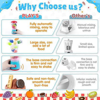 PLAY Smoothie Maker Toy Blender Set - 27 Pcs Pretend Play Kitchen Appliance for Kids with Realistic Action, Light and Sound, Play Toy Food Fruits and Cookies, Toy Mixer Birthday Gift for Kids Ages 3+