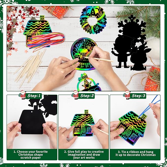 Christmas Scratch Crafts Art for Kids, 48 Pieces Rainbow Christmas Scratch Paper Art with Wooden Sticks, Christmas Ornaments for Kids Party Favors Supplies
