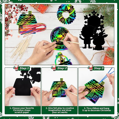 Christmas Scratch Crafts Art for Kids, 48 Pieces Rainbow Christmas Scratch Paper Art with Wooden Sticks, Christmas Ornaments for Kids Party Favors Supplies
