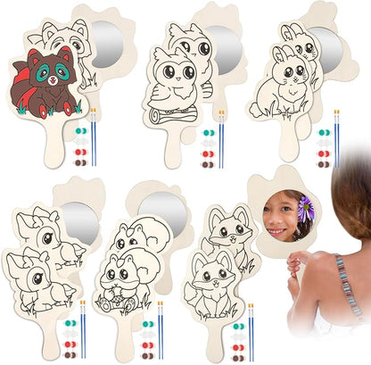 Paint Your Own Mirror Kids Party Craft Kits(12 Forest Friends Wood Mirrors w Paints)-Each Kit Has its Own Brush, Paint, & Project-Fun, Unique Birthday Favors, Valentines Classroom School Activity Gift