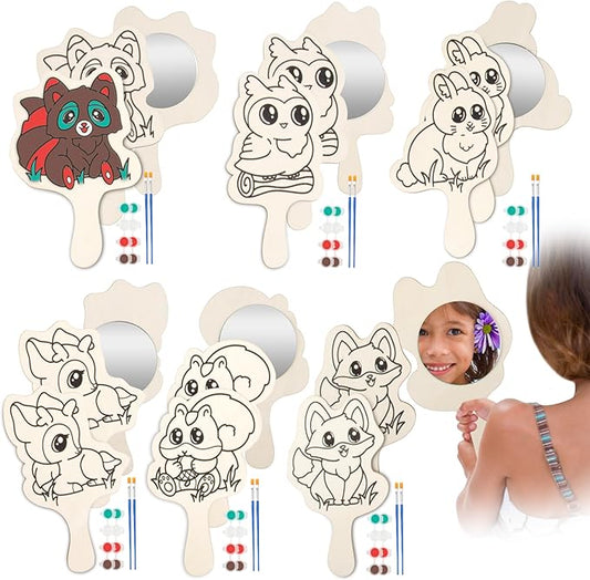 Paint Your Own Mirror Kids Party Craft Kits(12 Forest Friends Wood Mirrors w Paints)-Each Kit Has its Own Brush, Paint, & Project-Fun, Unique Birthday Favors, Valentines Classroom School Activity Gift