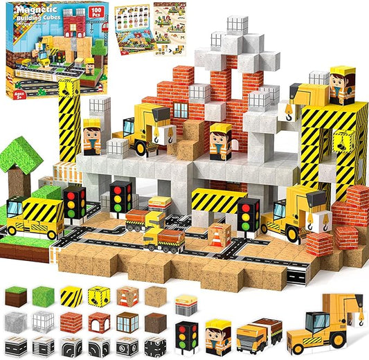 Magnetic Blocks - 100PCS Magnetic Building Blocks Magnetic Cubes Stacking Construction Set, STEM Montessori Sensory Toys for Kids Boys Girls Ages 3-5 6-8 Holiday Easter Birthday Gifts