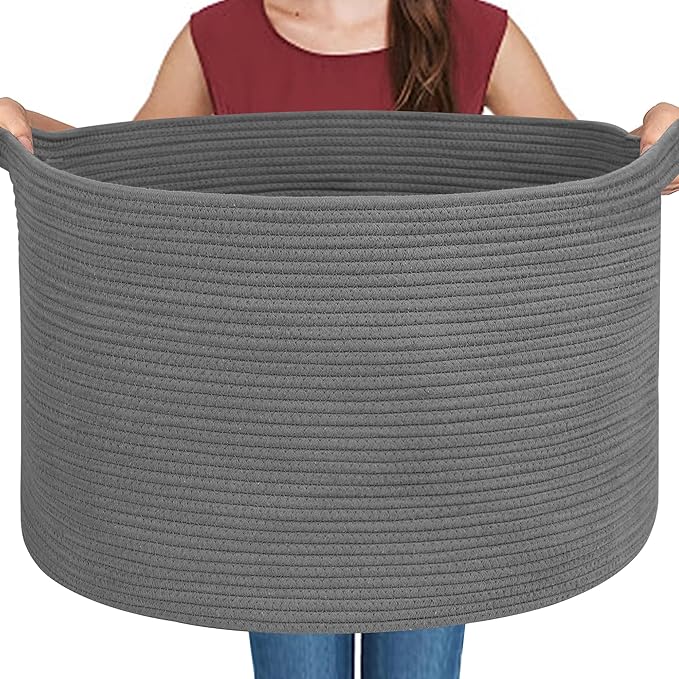 MEGASKET Large Dark Grey Storage Basket, Woven Cotton Rope Baskets for Storage, Big Blanket Organizer Storage Basket for Living Room, Kids Room Toy Storage Organizer Box, Blanket Keeper (22"x14")