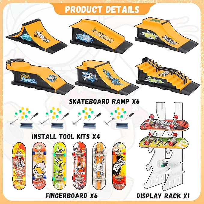 Finger Skateboard Ramps Set, 6-in-1 Bigger Fingerboard Skatepark Skate Park Kit Training Props with 6 Finger Skateboard 6 Finger Deck & Display Holder Finger Skate Toys for Kids & Adults Gifts