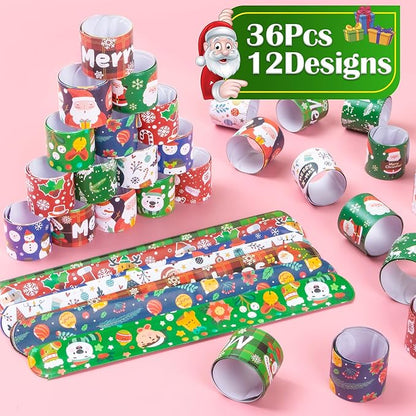 36 Pieces Christmas Slap Bracelets for Kids, 12 Styles Colorful Christmas Slap Wristbands Bulk for Kids Christmas Party Favors Toys Prizes Goodie Bags Fillers