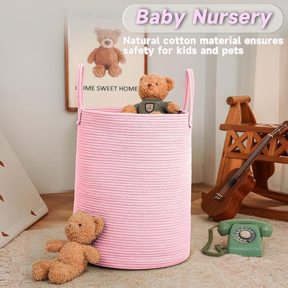JMvicyroam Large Woven Laundry Basket Hamper,100L Cotton Rope Storage Bin for Blankets,Toys and Clothes,Decorative Tall Nursery Hamper for Living Room,Baby Nursery,Bathroom and Bedroom,Pink