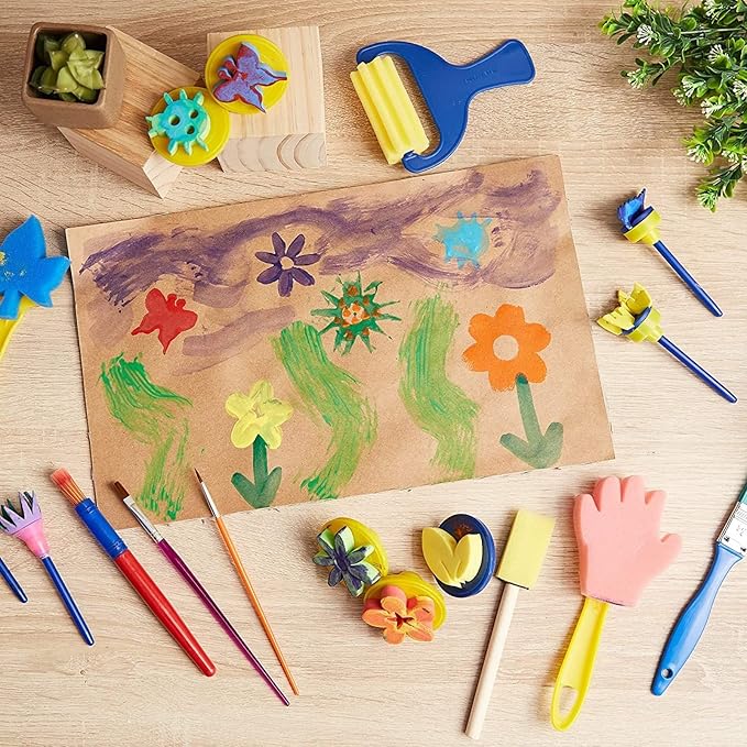 36 Piece Kids Painting Kit for Arts and Crafts with Foam Paint Brushes, Rollers and Stamps