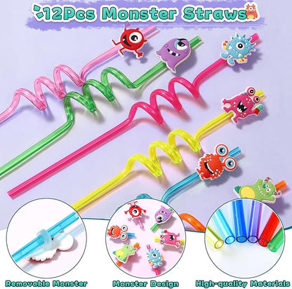 98Pcs Monster Party Favors Birthday Supplies for Kid Monster Drinking Straw Luminous Tattoo Sticker Keychain Slap Bracelet Sticker Pinata Filler Goodie Bag Stuffer Monster Birthday Party Supplies