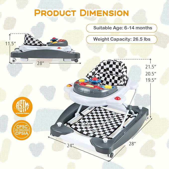 BABY JOY 6-in-1 Baby Walker, Foldable Baby Walker with Wheels, Adjustable Height, Music, Lights, Bouncer & Rocker Mode, Baby Walkers for Boys Girls 6-14 Months (Gray)