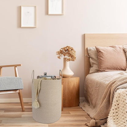 XUANGUO Cotton Rope Laundry Basket Hamper for Clothes Woven Storage Basket for Living Room Bedroom Boho Tall Rope Baskets for Blanket Toys Pillow Towels Baby Nursery Hamper Bin Large oatmeal